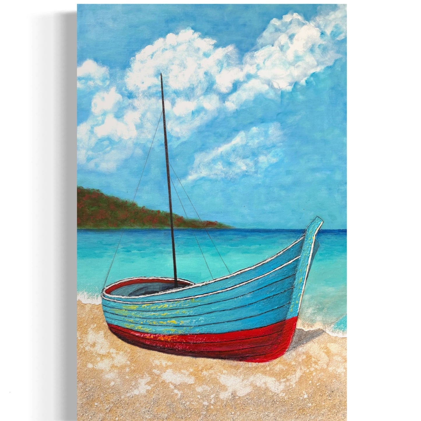 Fishing boat acrylic painting mixed media textured artwork by artist Fadi Diab seascape ocean beach tropical scenery