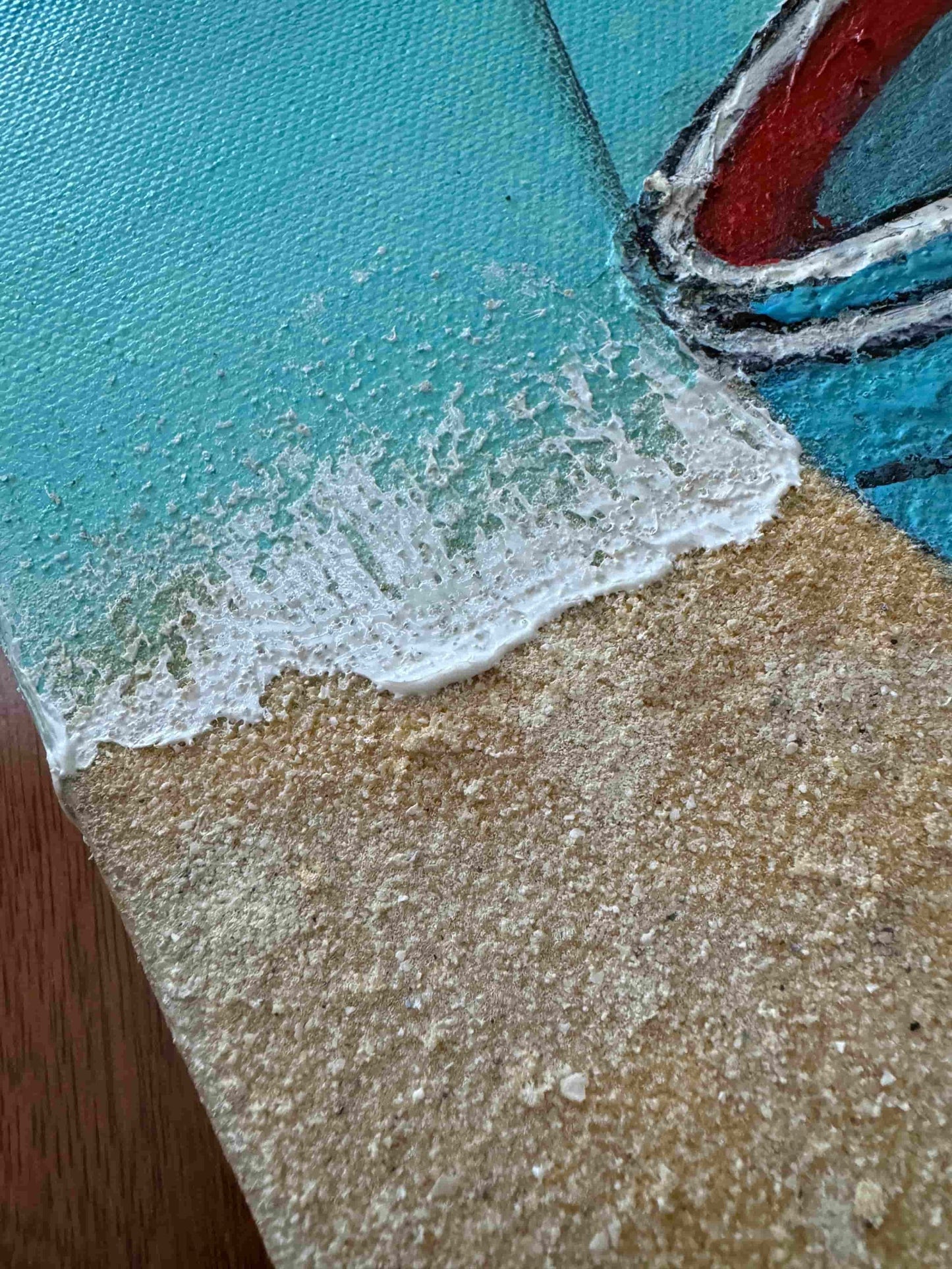 Fishing boat acrylic painting mixed media textured artwork by artist Fadi Diab seascape ocean beach tropical scenery