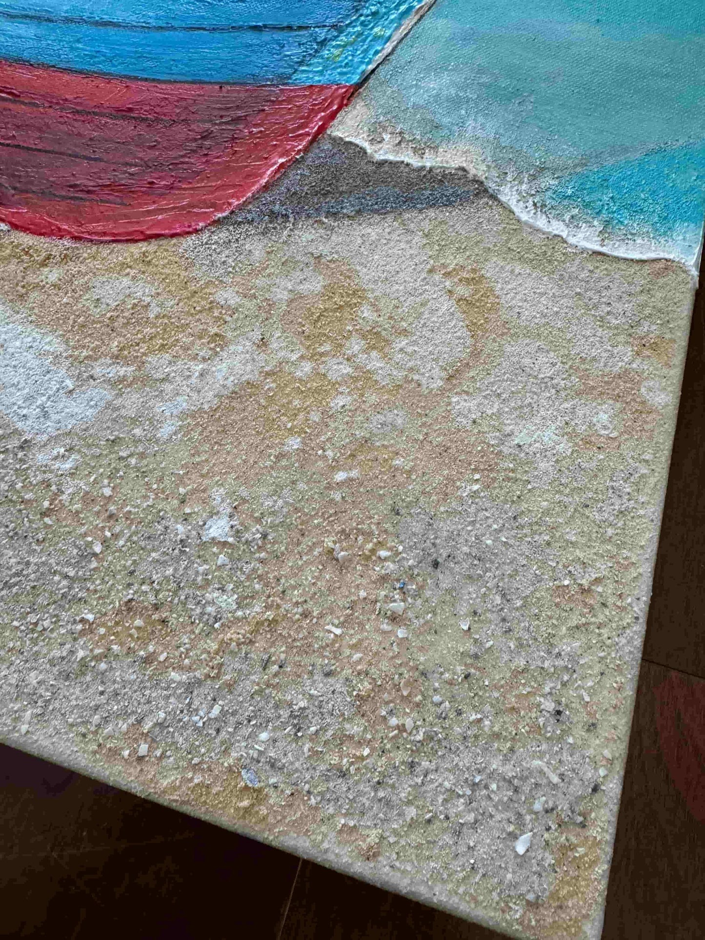 Fishing boat acrylic painting mixed media textured artwork by artist Fadi Diab seascape ocean beach tropical scenery