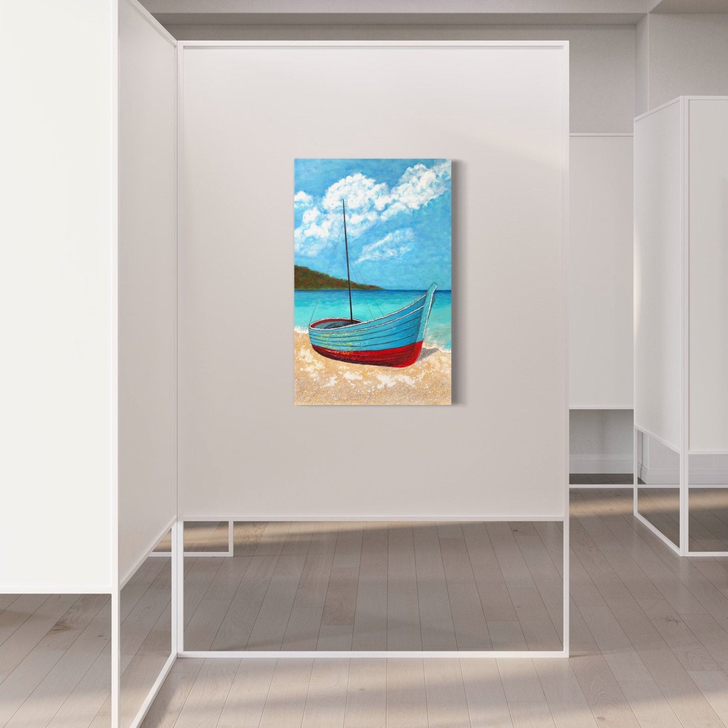 Fishing boat acrylic painting mixed media textured artwork by artist Fadi Diab seascape ocean beach tropical scenery