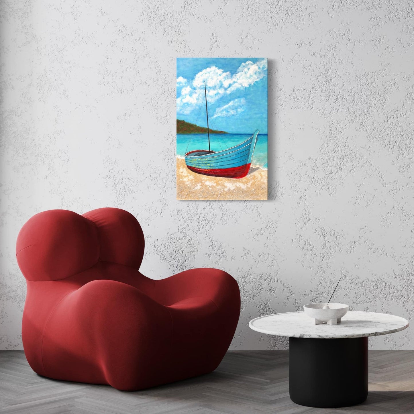 Fishing boat acrylic painting mixed media textured artwork by artist Fadi Diab seascape ocean beach tropical scenery