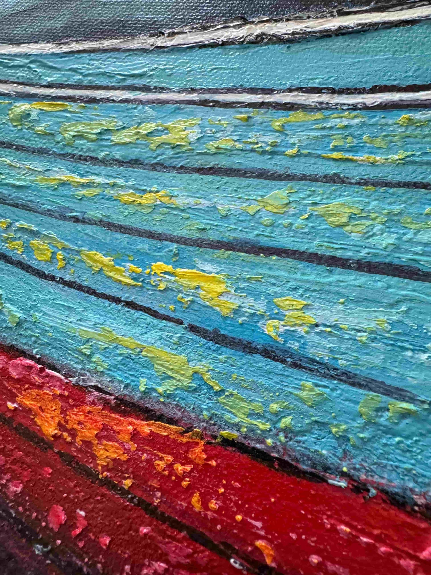 Fishing boat acrylic painting mixed media textured artwork by artist Fadi Diab seascape ocean beach tropical scenery