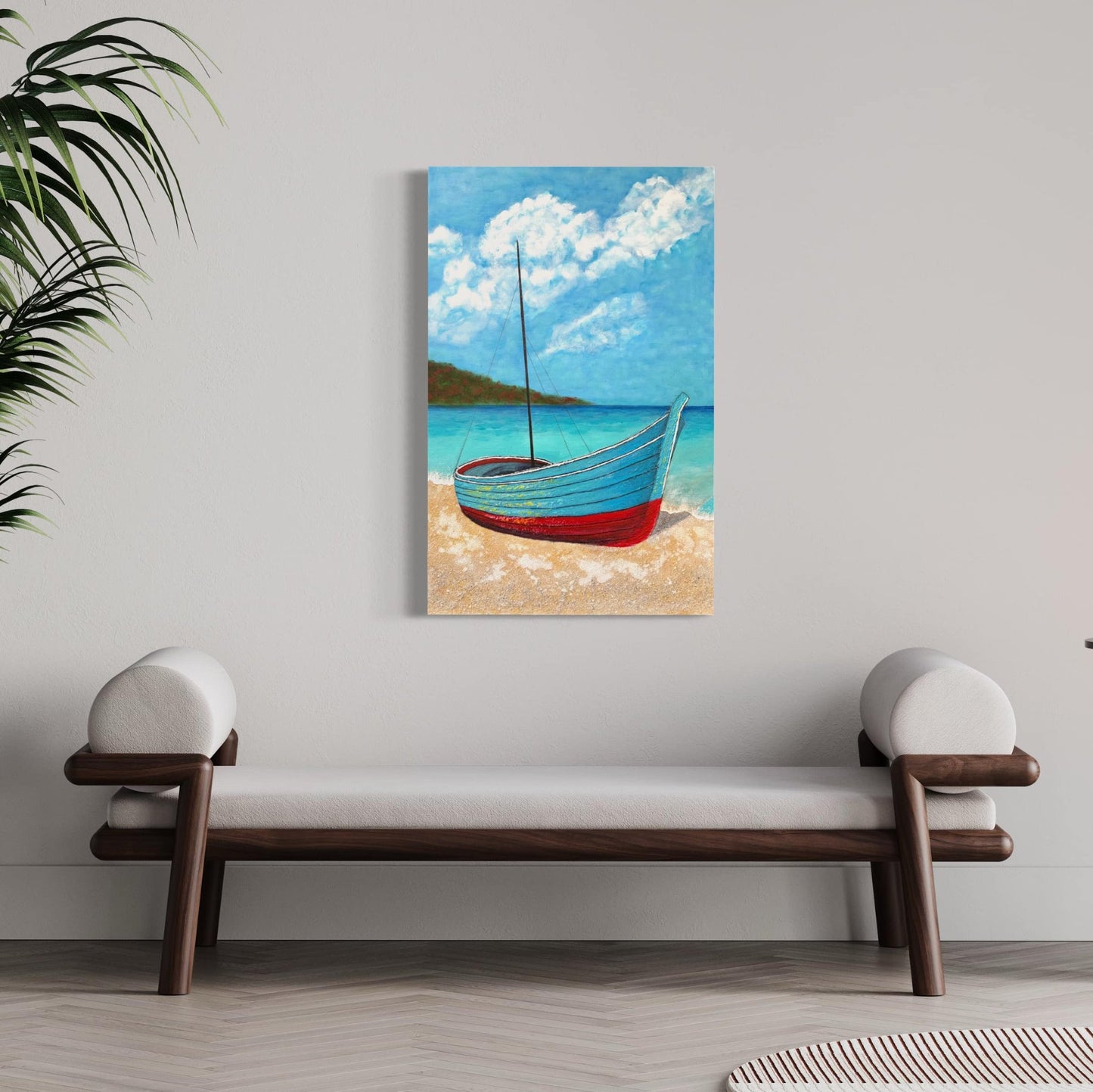 Fishing boat acrylic painting mixed media textured artwork by artist Fadi Diab seascape ocean beach tropical scenery