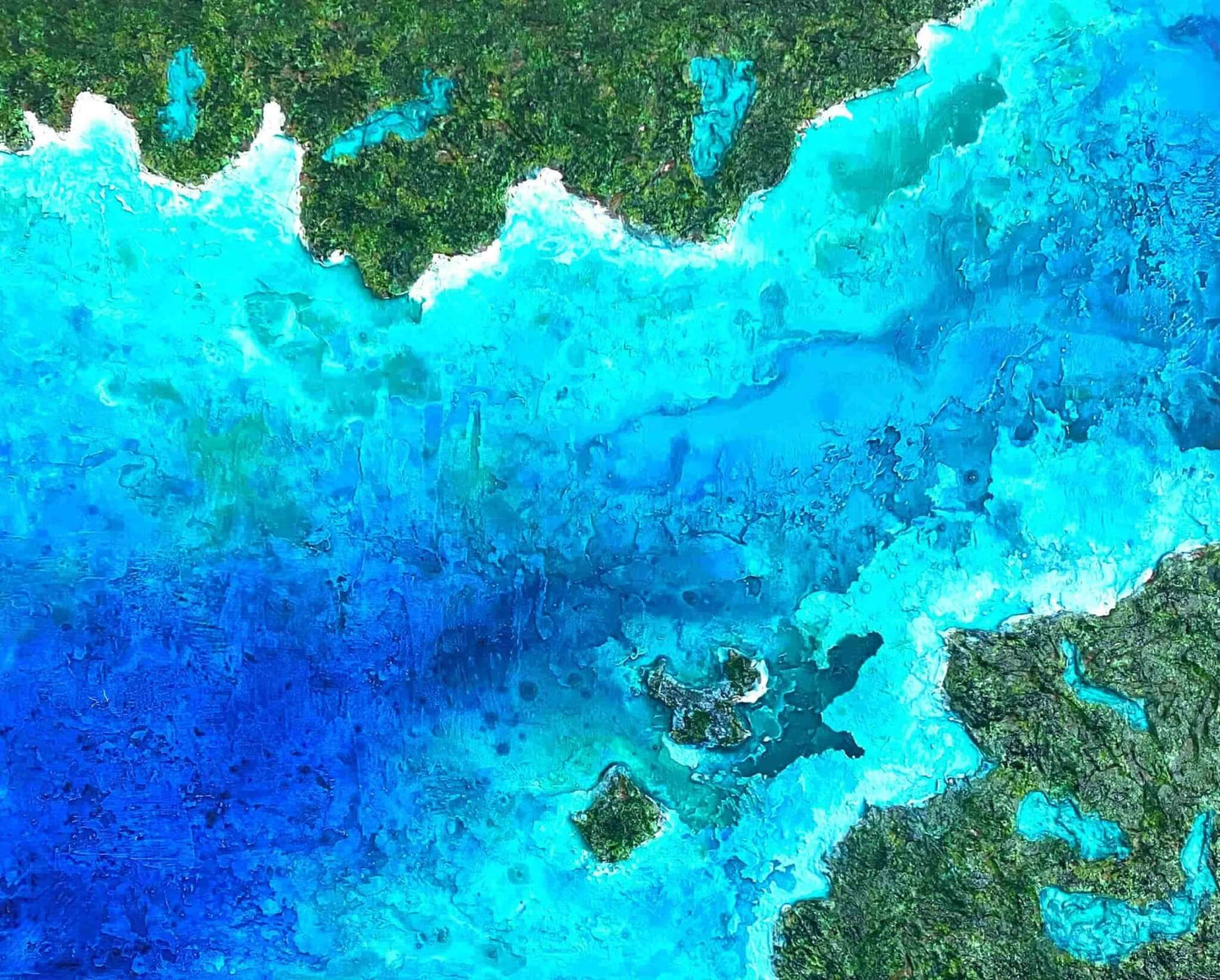 Textured mixed media acrylic oil painting on canvas 3d impasto using brush palette knife landscape seascape ocean island aqua turquoise blue green water tropical paradise wall art gallery for sale artist fadi diab fadidiab.art