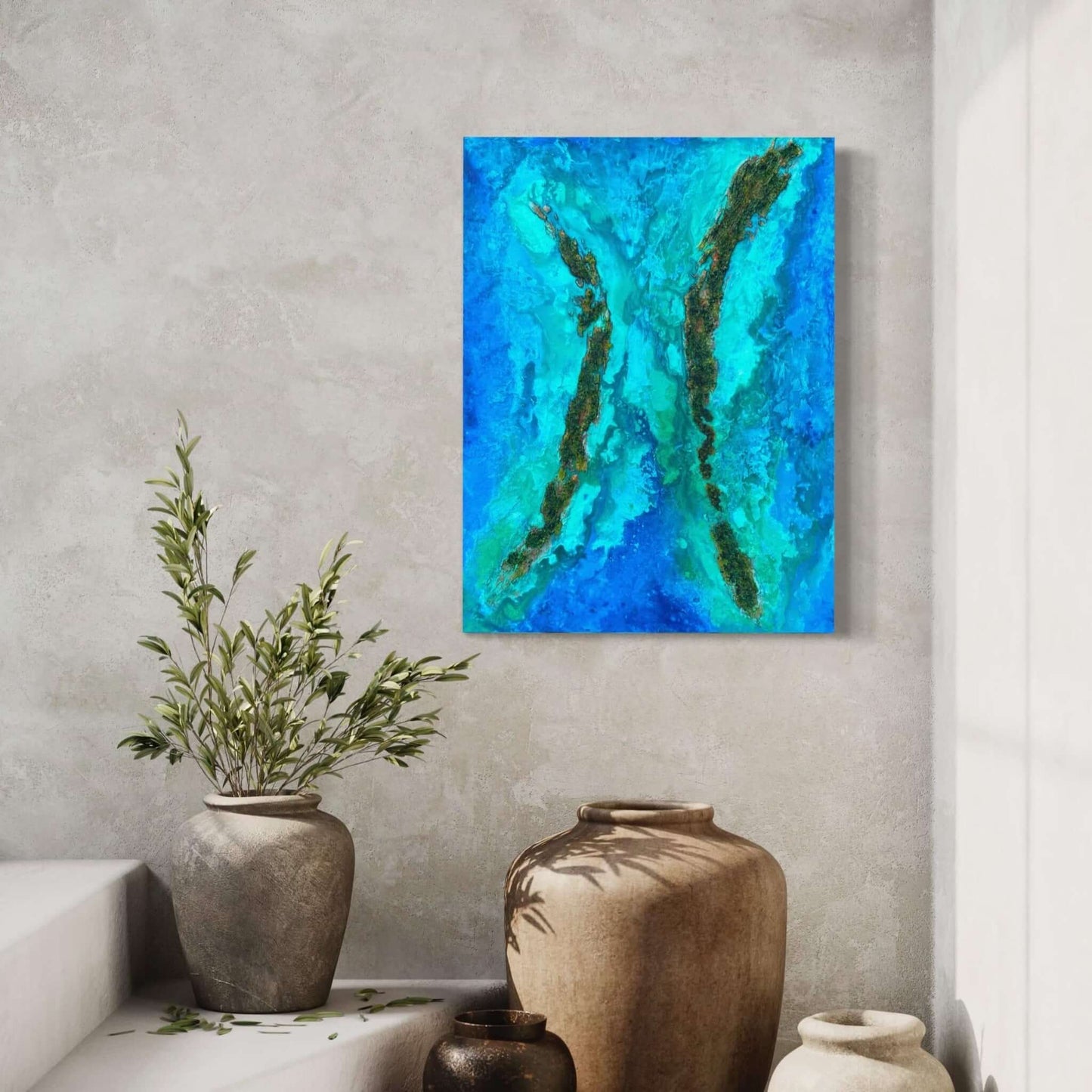 Acrylic mixed media painting on canvas abstract contemporary gallery fine art for sale textured tropical ocean islands seascape turquoise water seashore turquoise