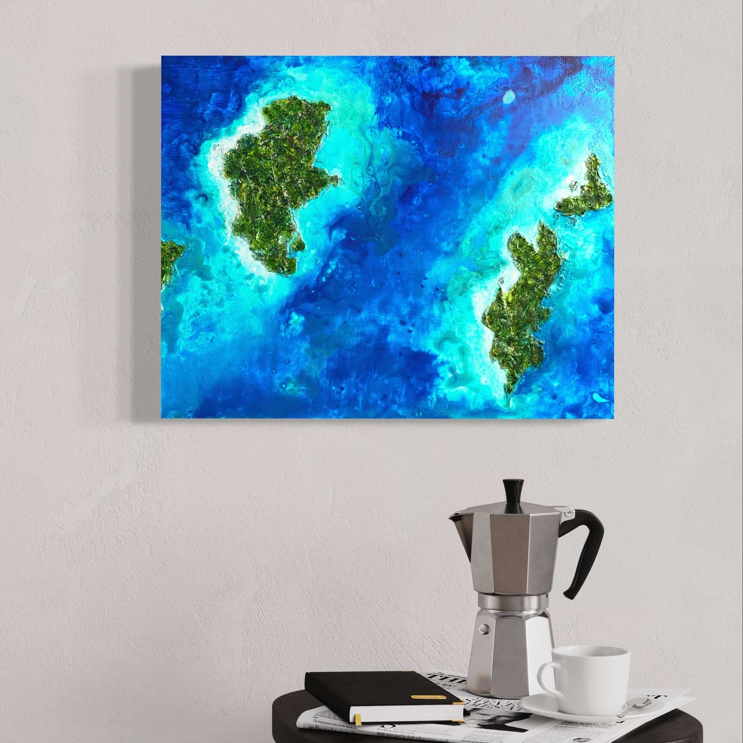 Acrylic mixed media painting on canvas abstract contemporary gallery fine art for sale textured tropical ocean islands seascape turquoise water seashore turquoise fadidiab.art fadi diab