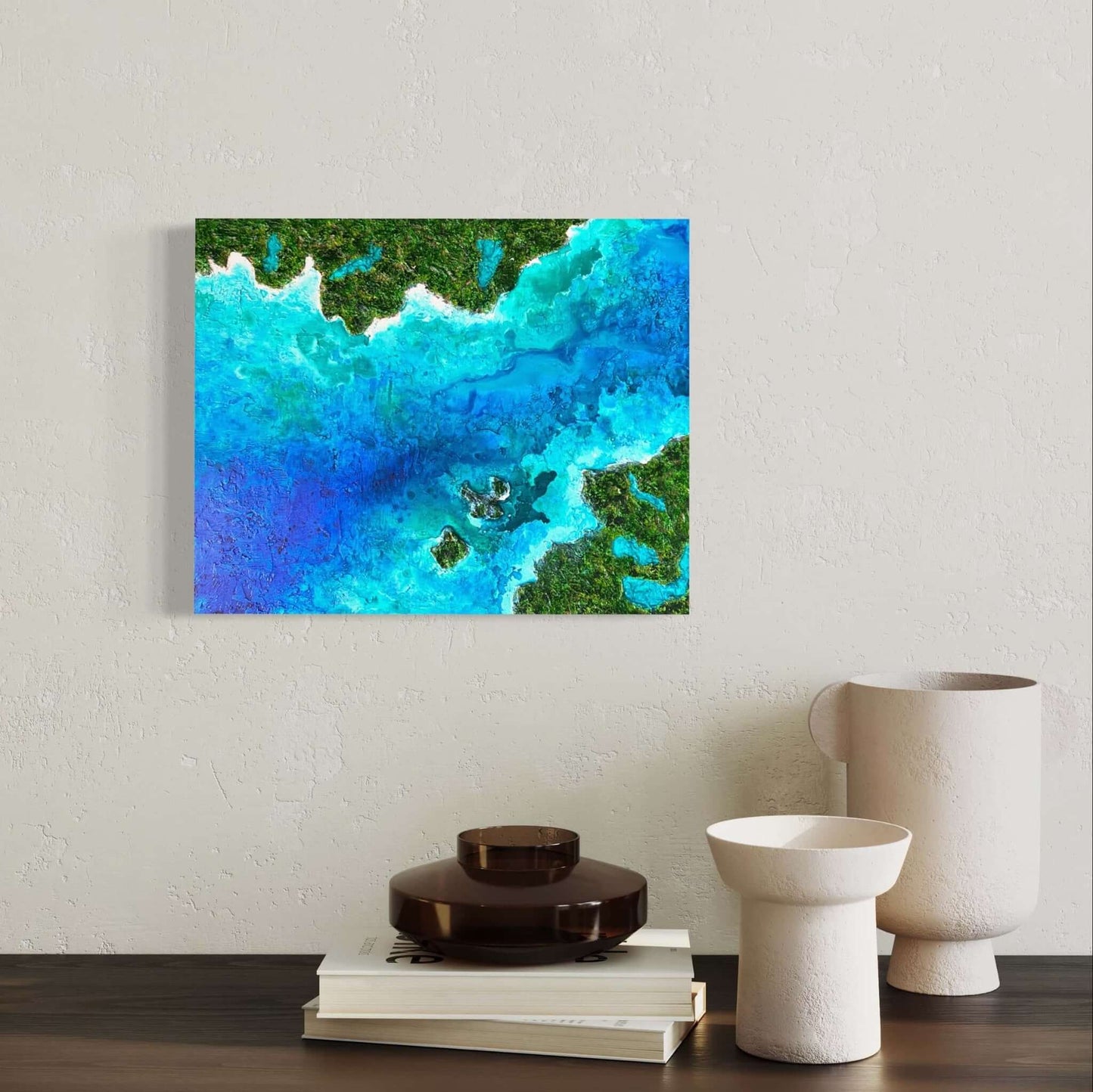 Acrylic mixed media painting on canvas abstract contemporary gallery fine art for sale textured tropical ocean islands seascape turquoise water seashore turquoise fadidiab.art