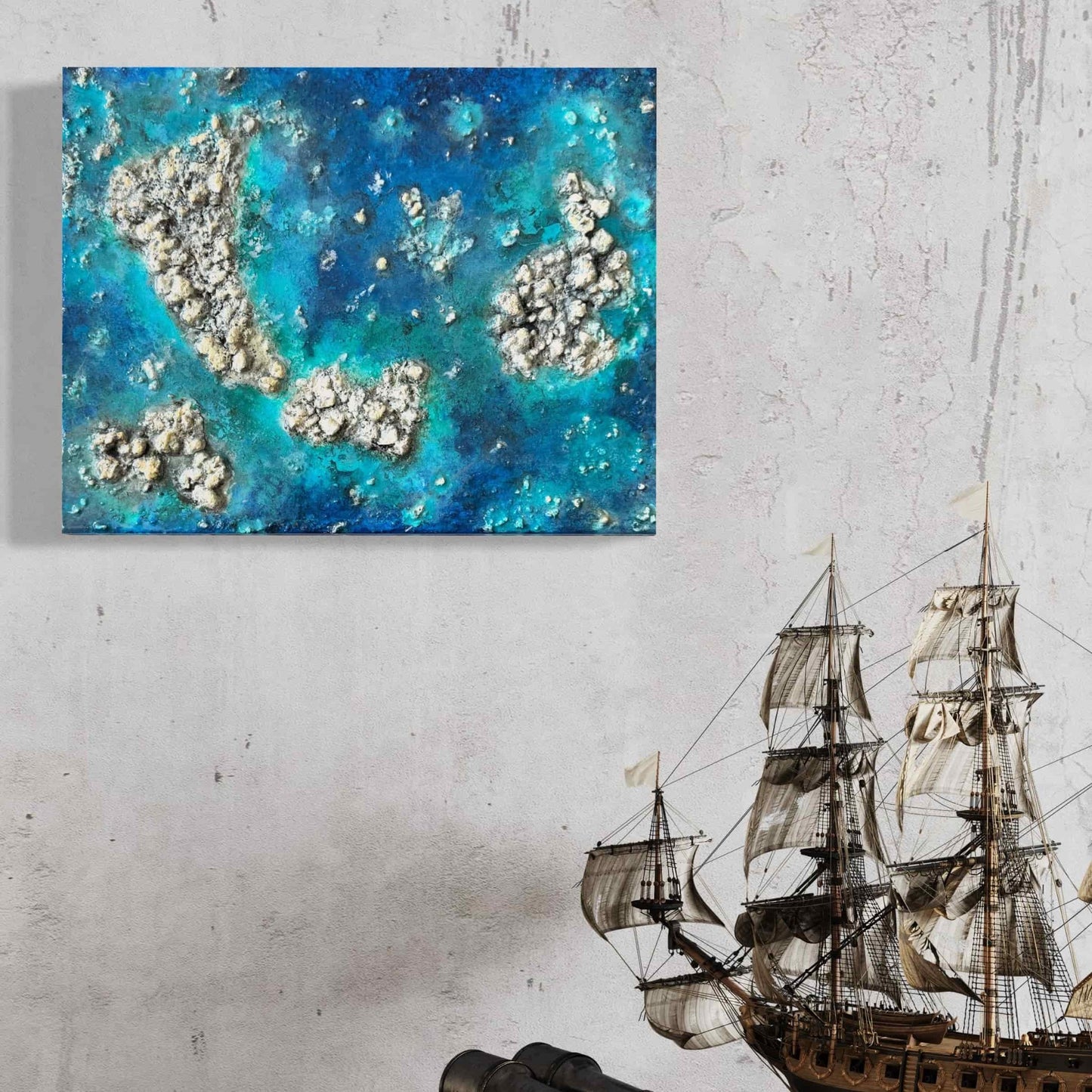 Original acrylic painting resin ocean seascape beach ROCK ISLAND