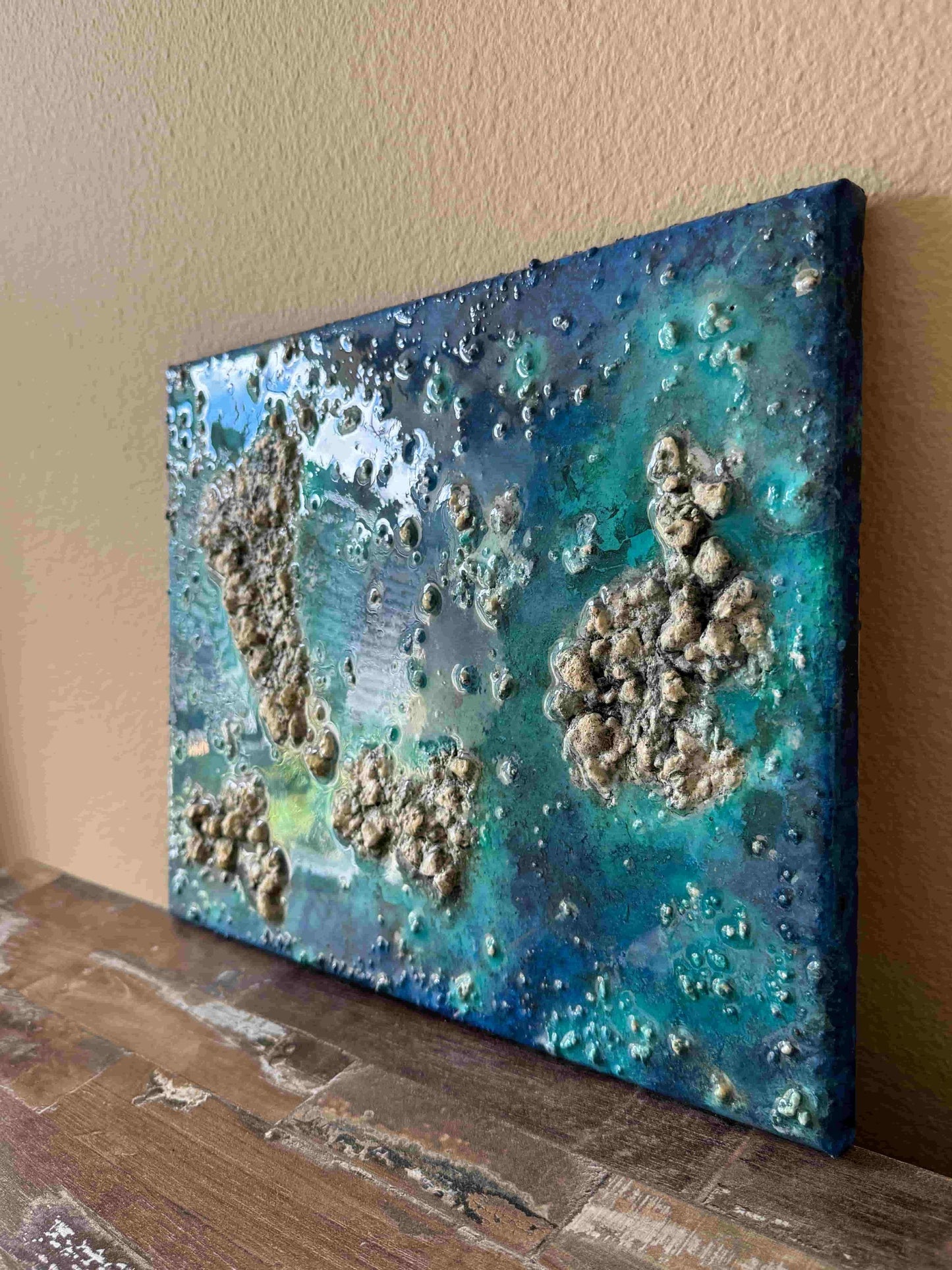 Original acrylic painting resin ocean seascape beach ROCK ISLAND