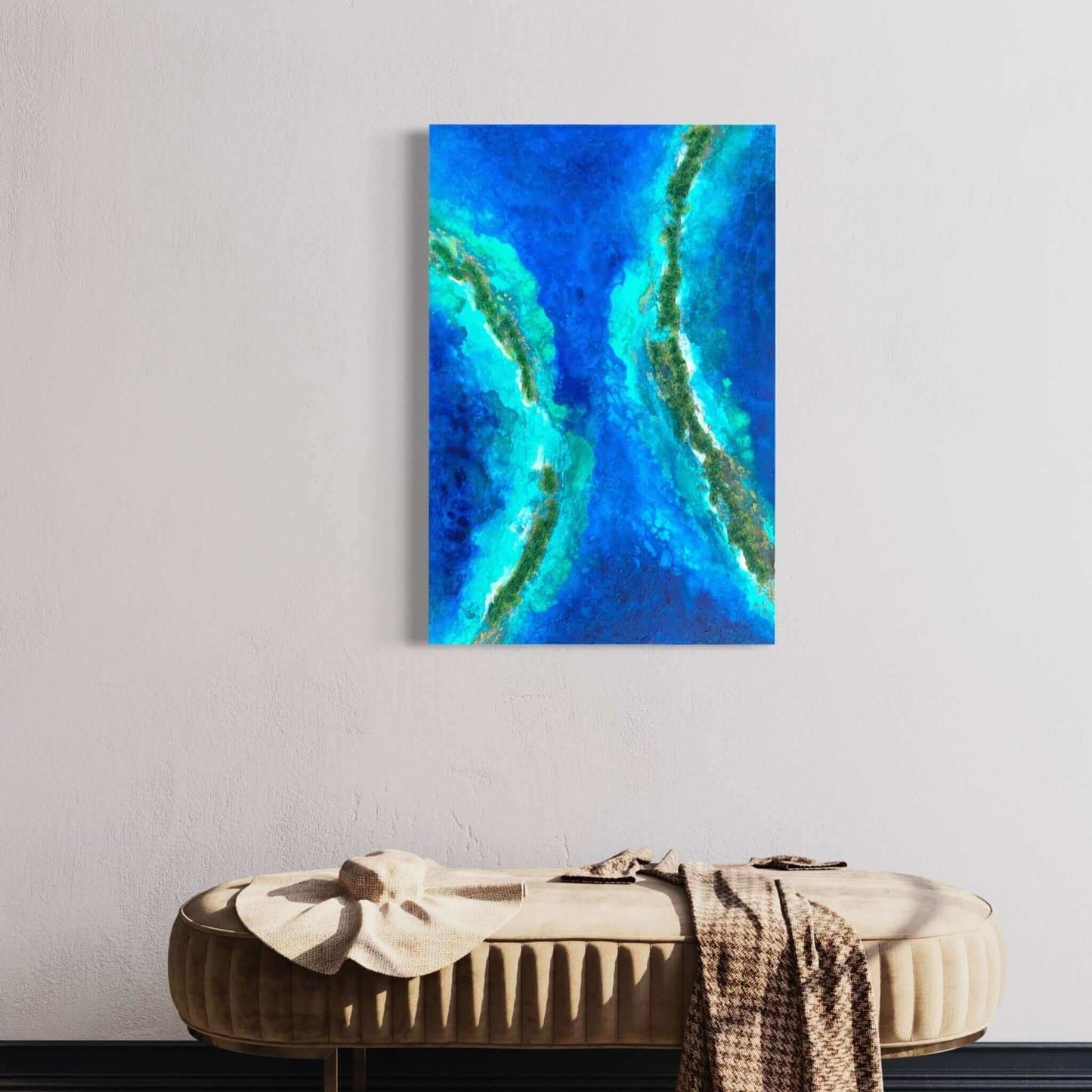 Acrylic mixed media painting on canvas abstract contemporary gallery fine art for sale textured tropical ocean islands seascape turquoise water seashore turquoise