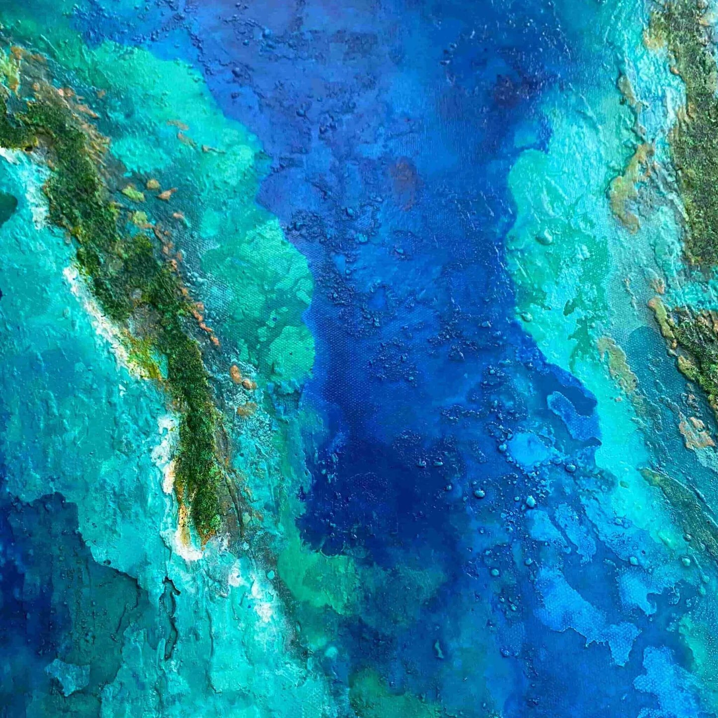 Acrylic mixed media painting on canvas abstract contemporary gallery fine art for sale textured tropical ocean islands seascape turquoise water seashore turquoise