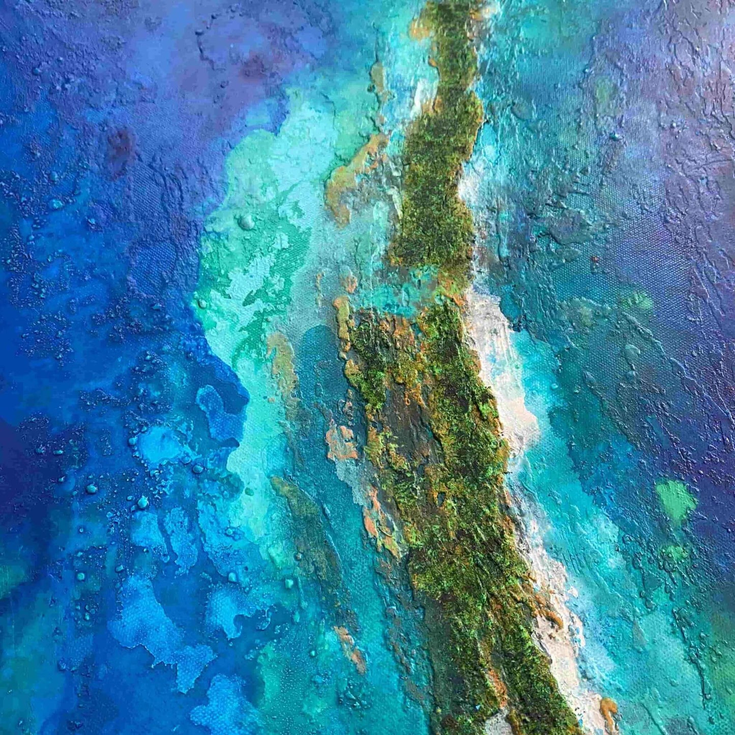 Acrylic mixed media painting on canvas abstract contemporary gallery fine art for sale textured tropical ocean islands seascape turquoise water seashore turquoise