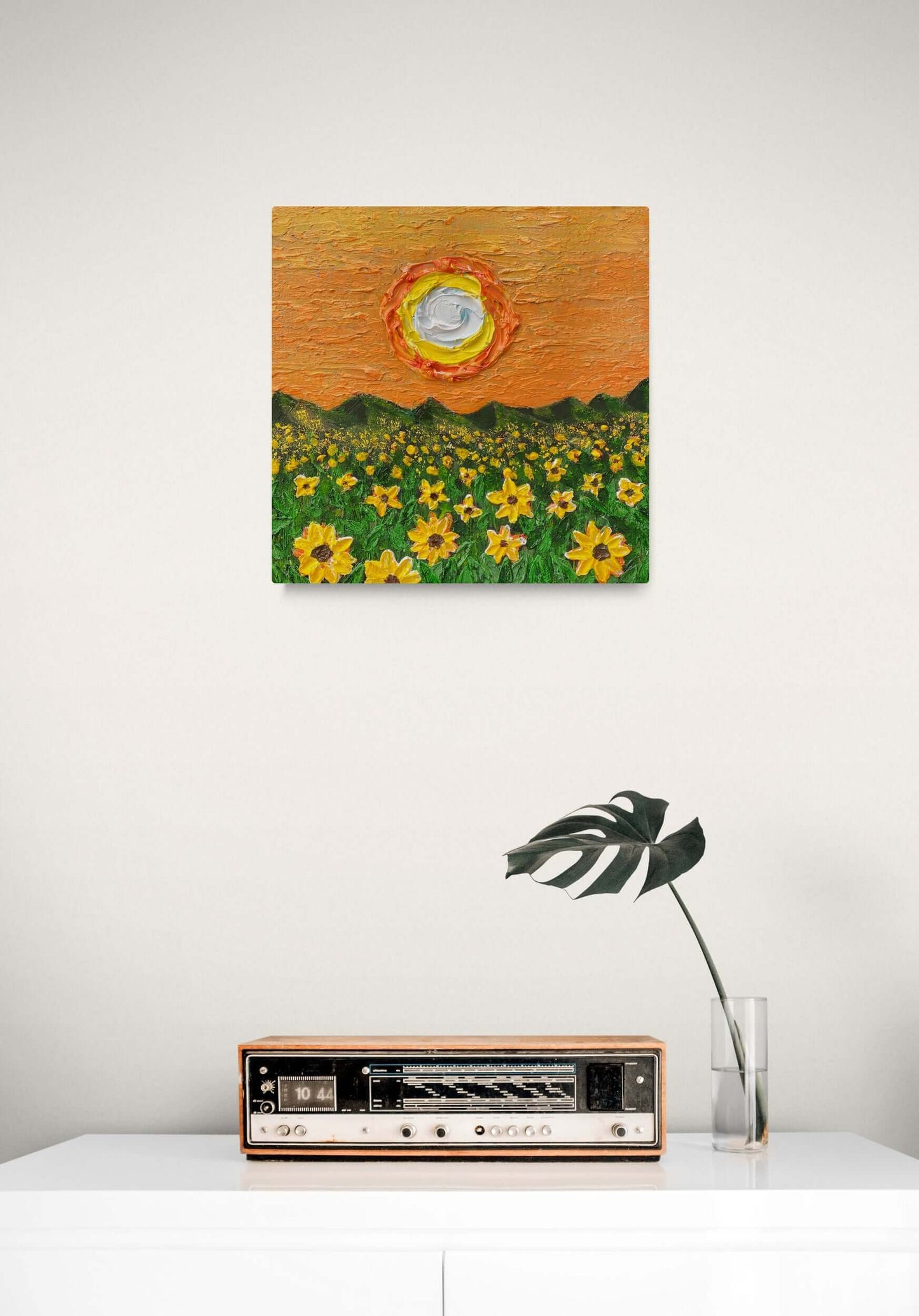 acrylic oil painting on canvas wall art texture crackle mixed media artwork original handmade signed by artist for sale flower floral trees still life sunset field
