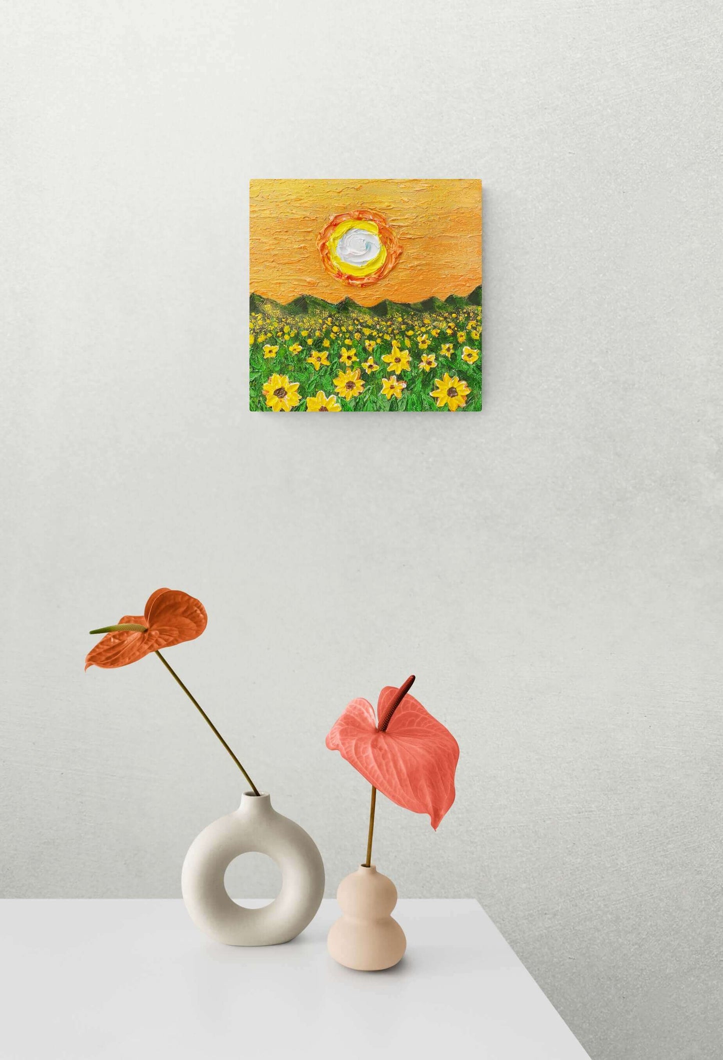 acrylic oil painting on canvas wall art texture crackle mixed media artwork original handmade signed by artist for sale flower floral trees still life sunset field