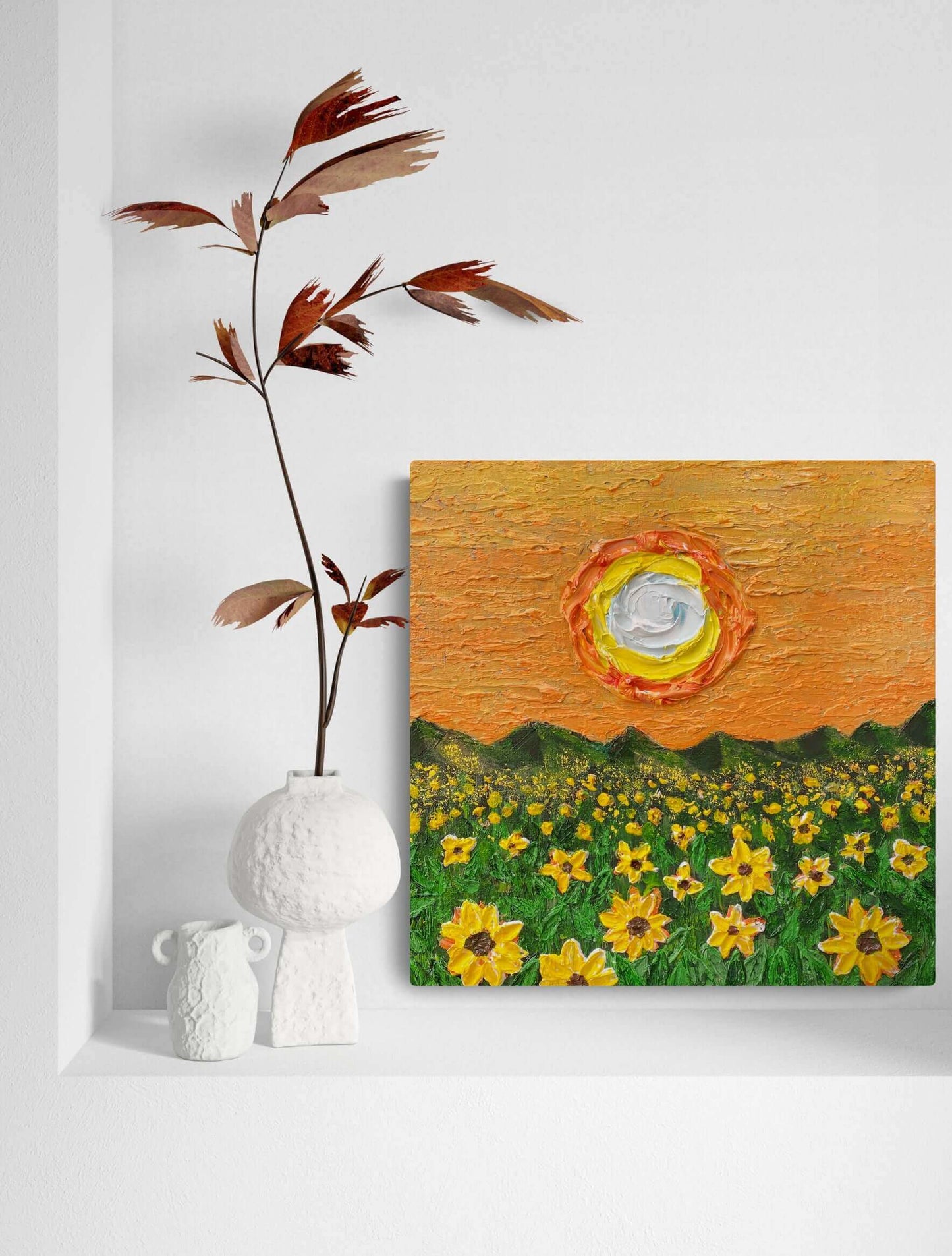 acrylic oil painting on canvas wall art texture crackle mixed media artwork original handmade signed by artist for sale flower floral trees still life sunset field sunflower