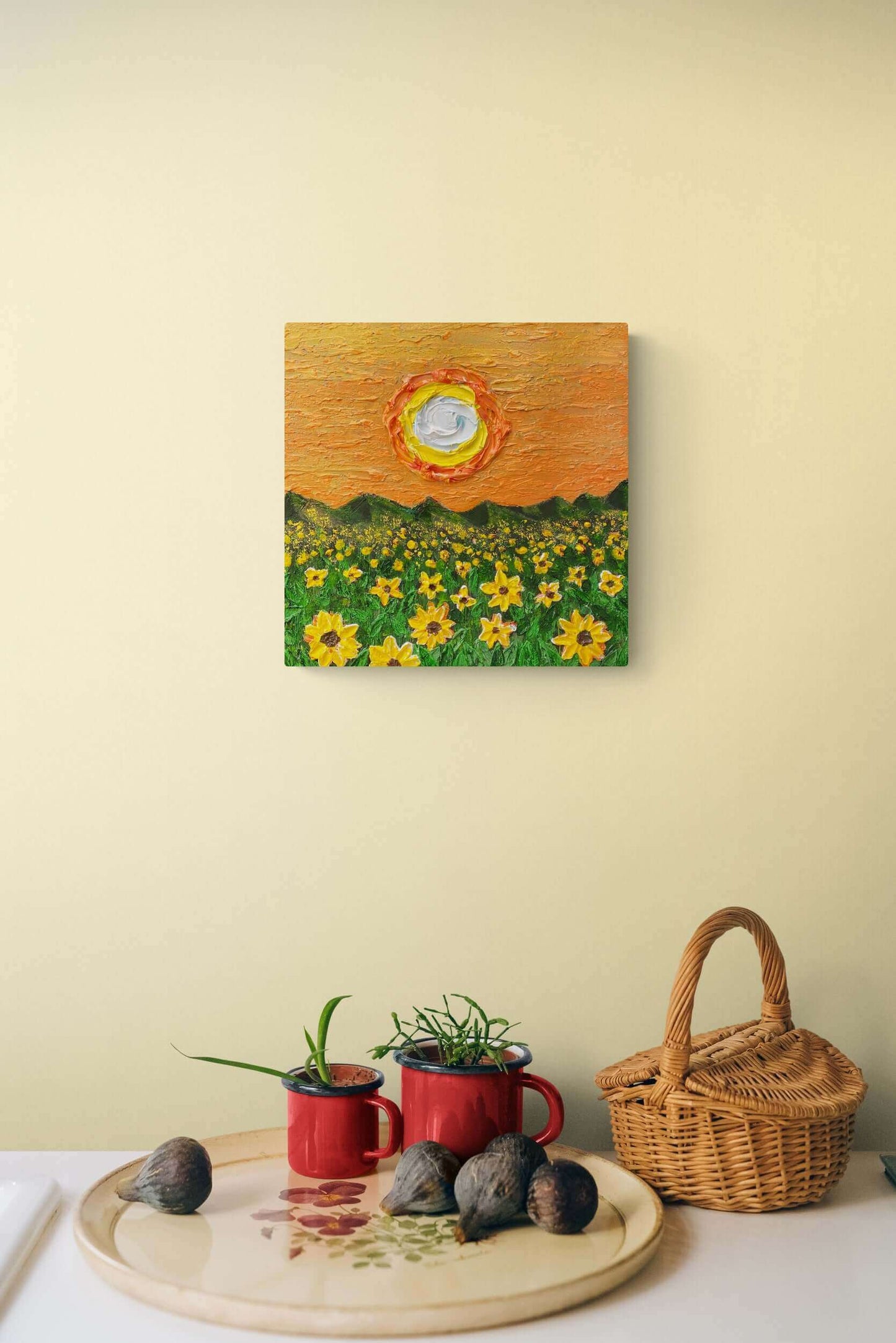 acrylic oil painting on canvas wall art texture crackle mixed media artwork original handmade signed by artist for sale flower floral trees still life sunset field sunflower