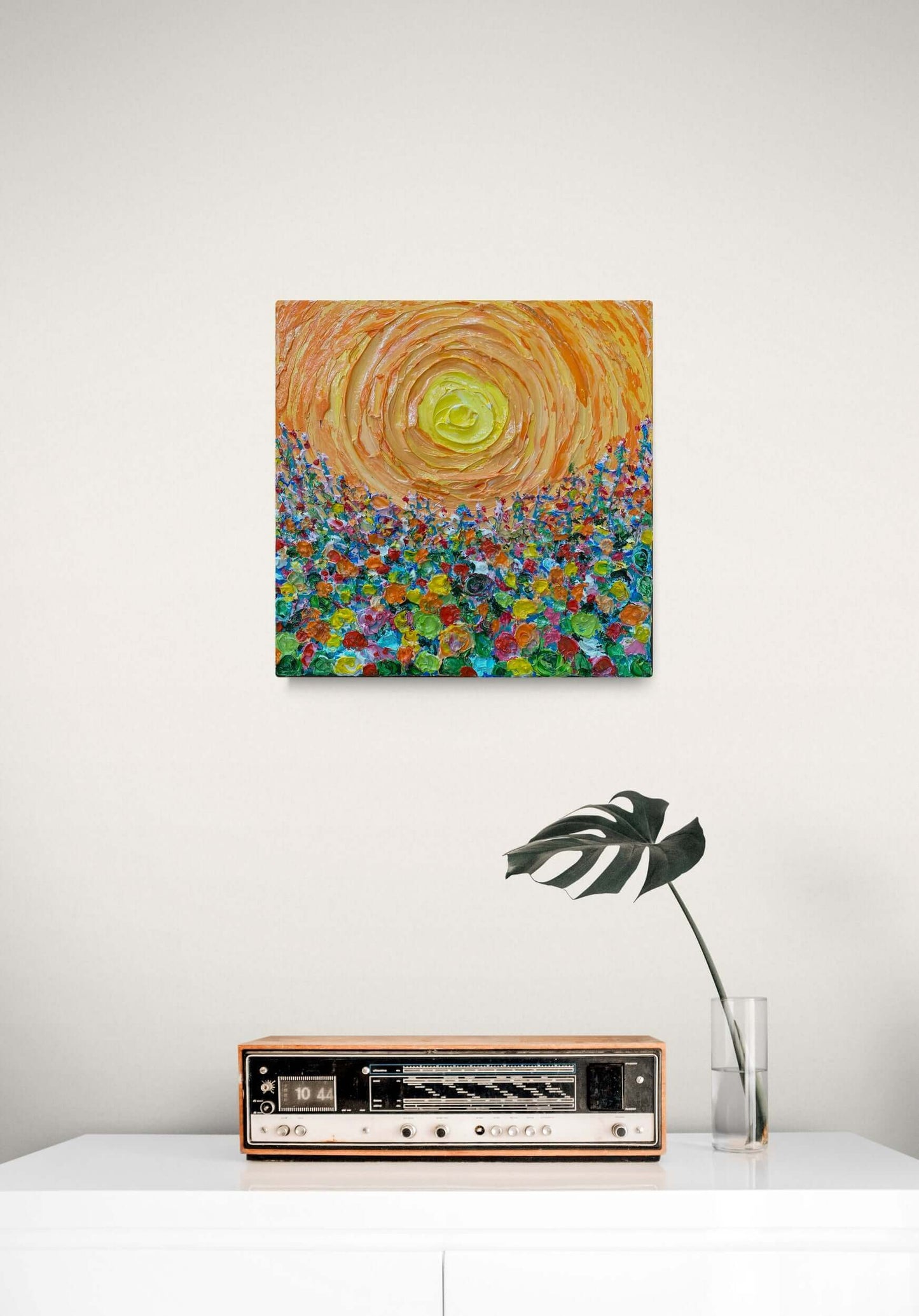 acrylic oil painting on canvas wall art texture crackle mixed media artwork original handmade signed by artist for sale flower floral trees still life sunset field