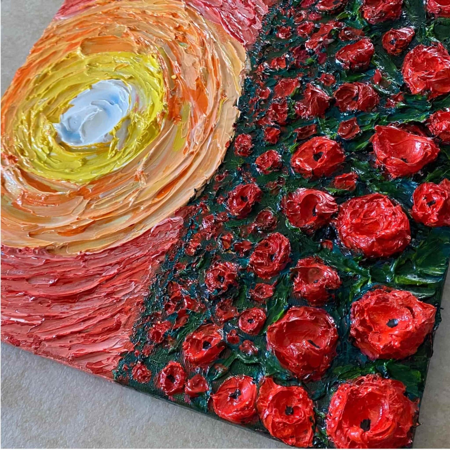 Textured crackled mixed media acrylic oil painting on canvas 3d impasto using brush palette knife and squeegee landscape floral