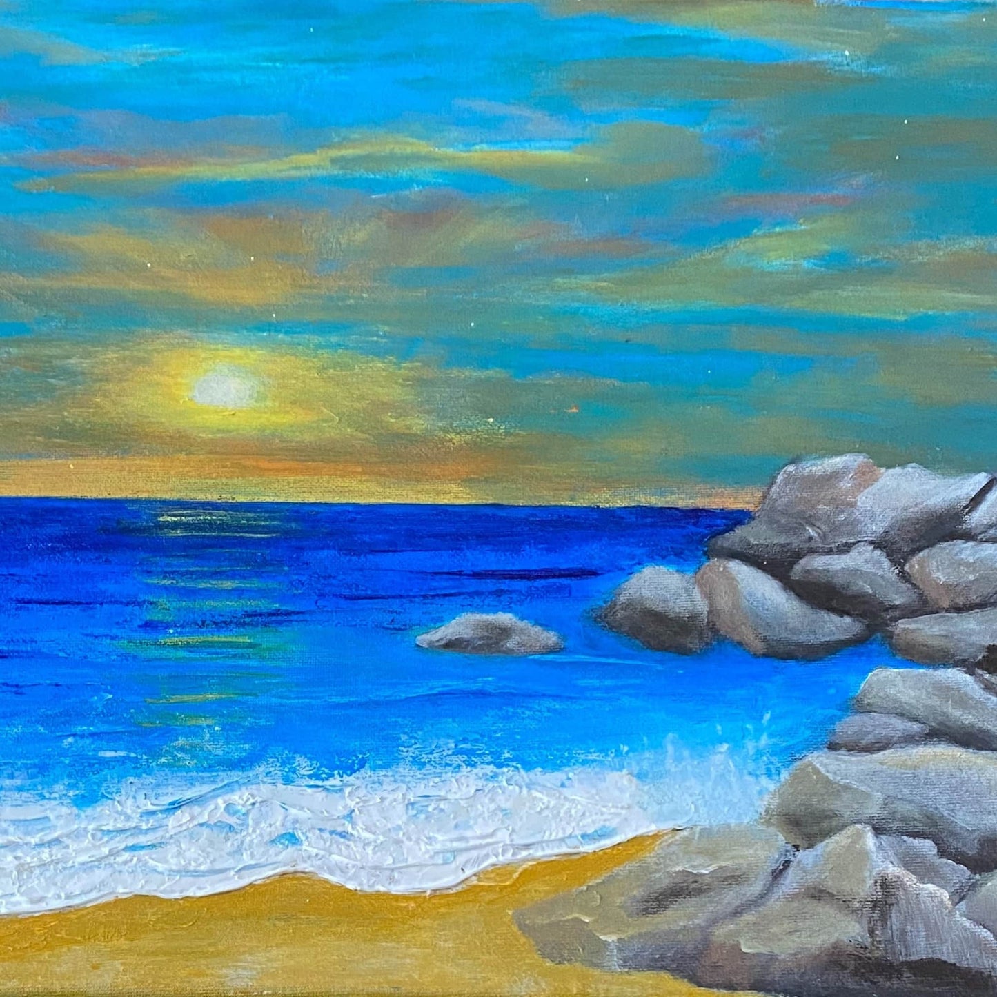 Textured crackled mixed media acrylic oil painting on canvas 3d impasto using brush palette knife and squeegee landscape sea