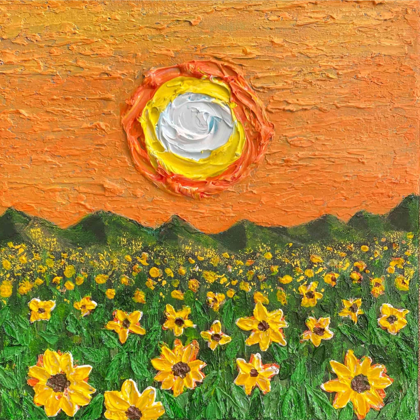 acrylic oil painting on canvas wall art texture crackle mixed media artwork original handmade signed by artist for sale flower floral trees still life sunset field sunflower