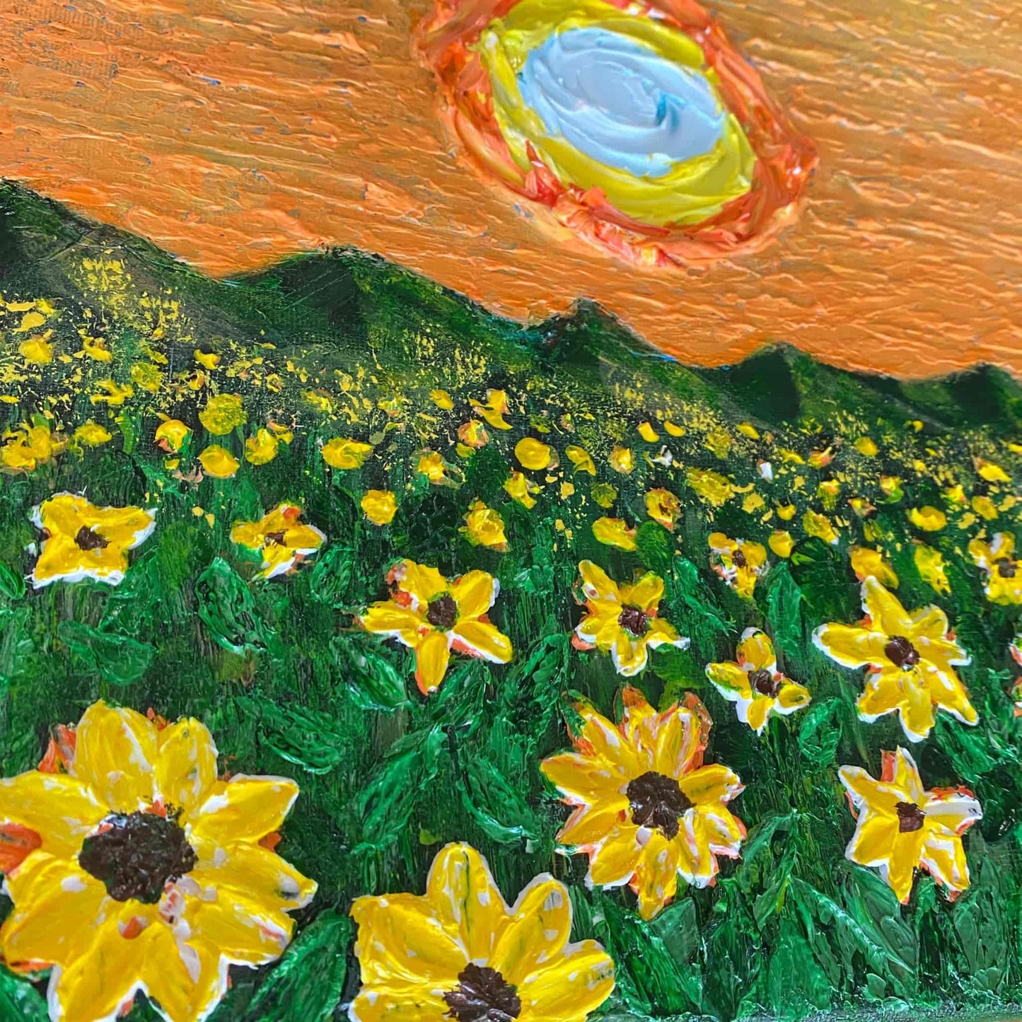 acrylic oil painting on canvas wall art texture crackle mixed media artwork original handmade signed by artist for sale flower floral trees still life sunset field