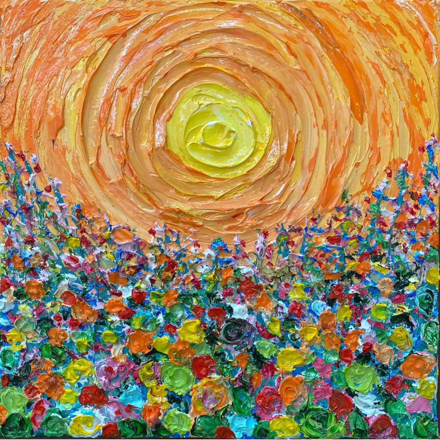 acrylic oil painting on canvas wall art texture mixed media artwork original for sale flower floral trees still life sunset field