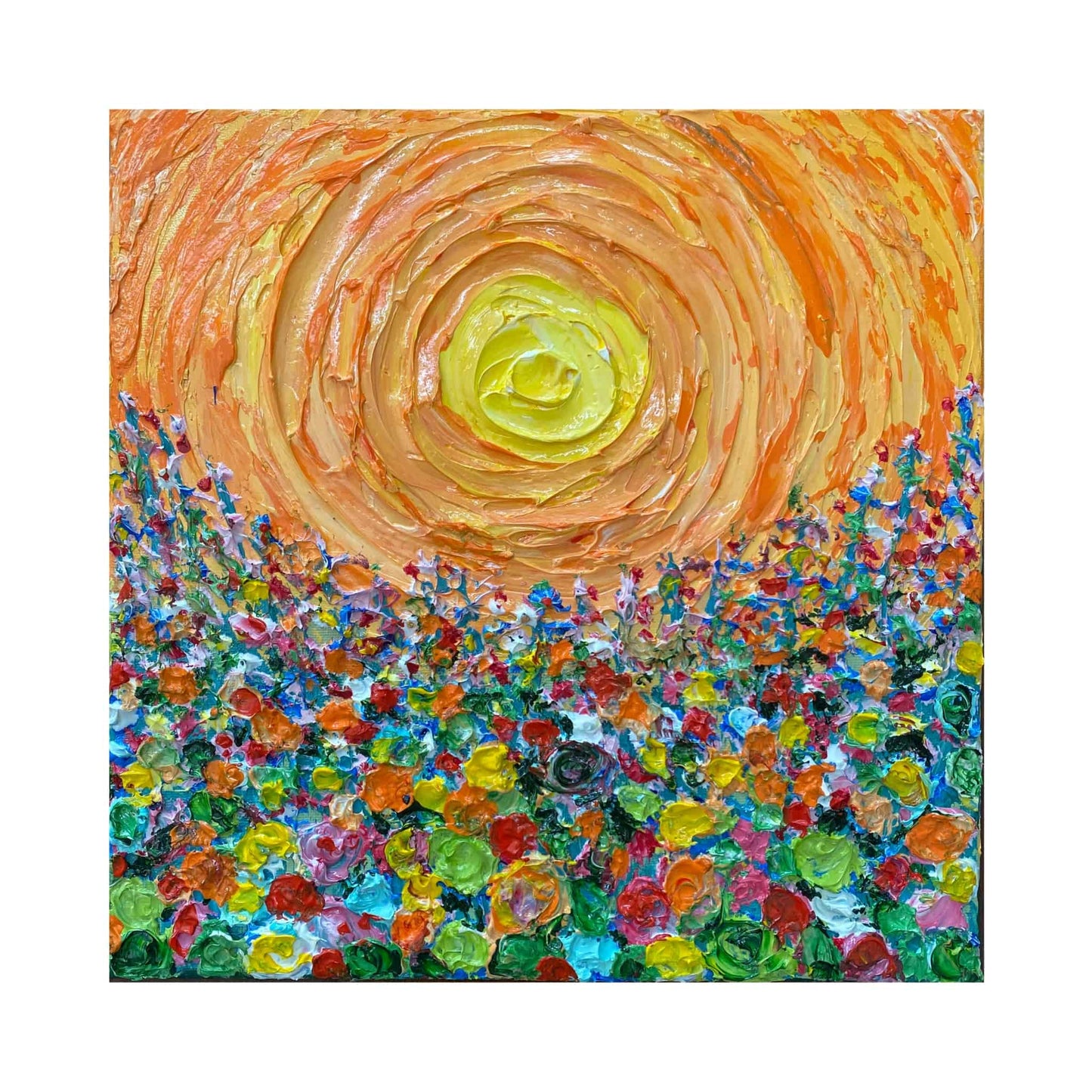 acrylic oil painting on canvas wall art texture mixed media artwork original for sale flower floral trees still life sunset field