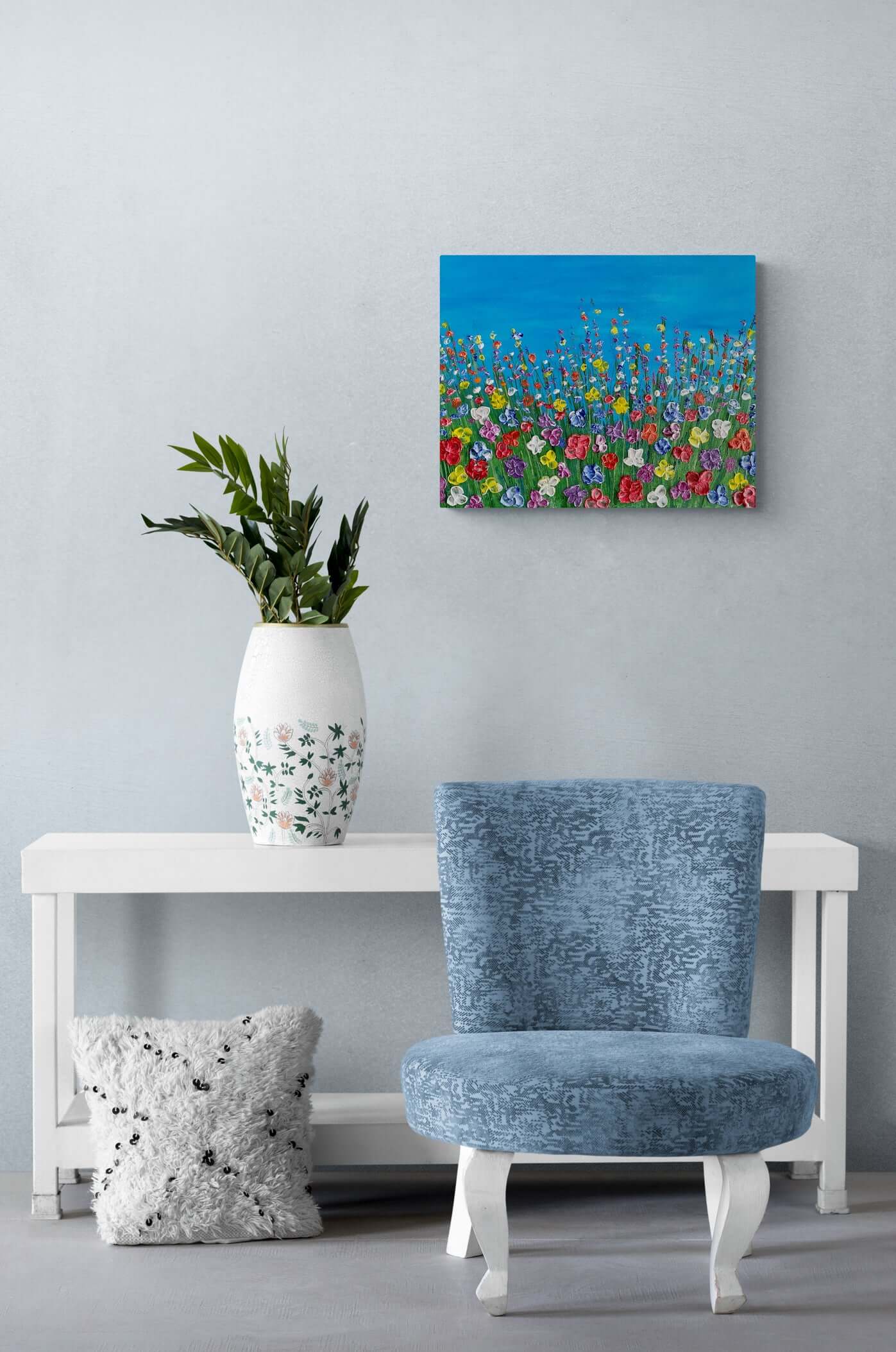 Acrylic mixed media painting on canvas abstract contemporary gallery fine art for sale textured floral trees forest landscape blue orange fadidiab.art fadi diab free shipping