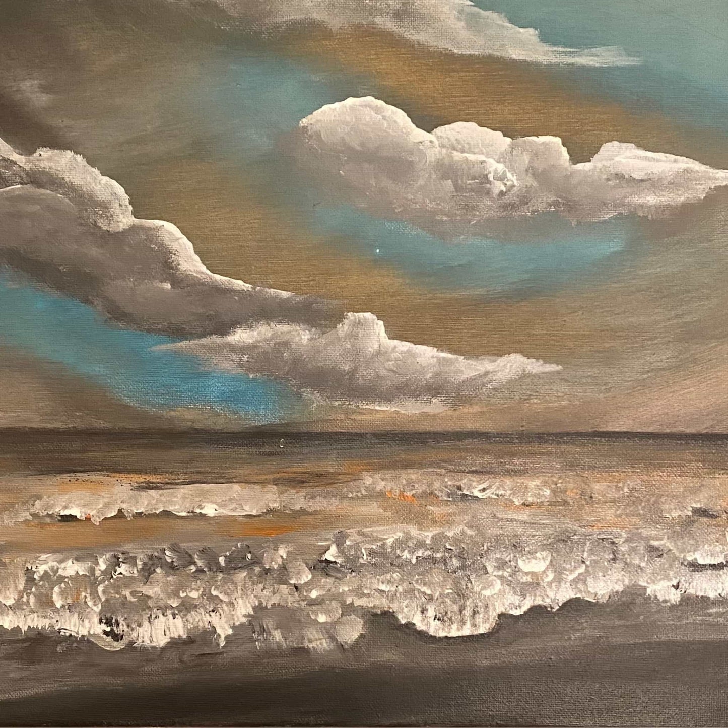 Original acrylic oil abstract art painting signed by artist with clouds seascape beach waves ocean seashore.