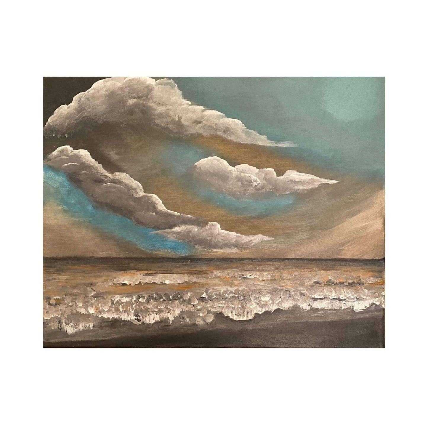 Original acrylic oil abstract art painting signed by artist with clouds seascape beach waves ocean seashore.