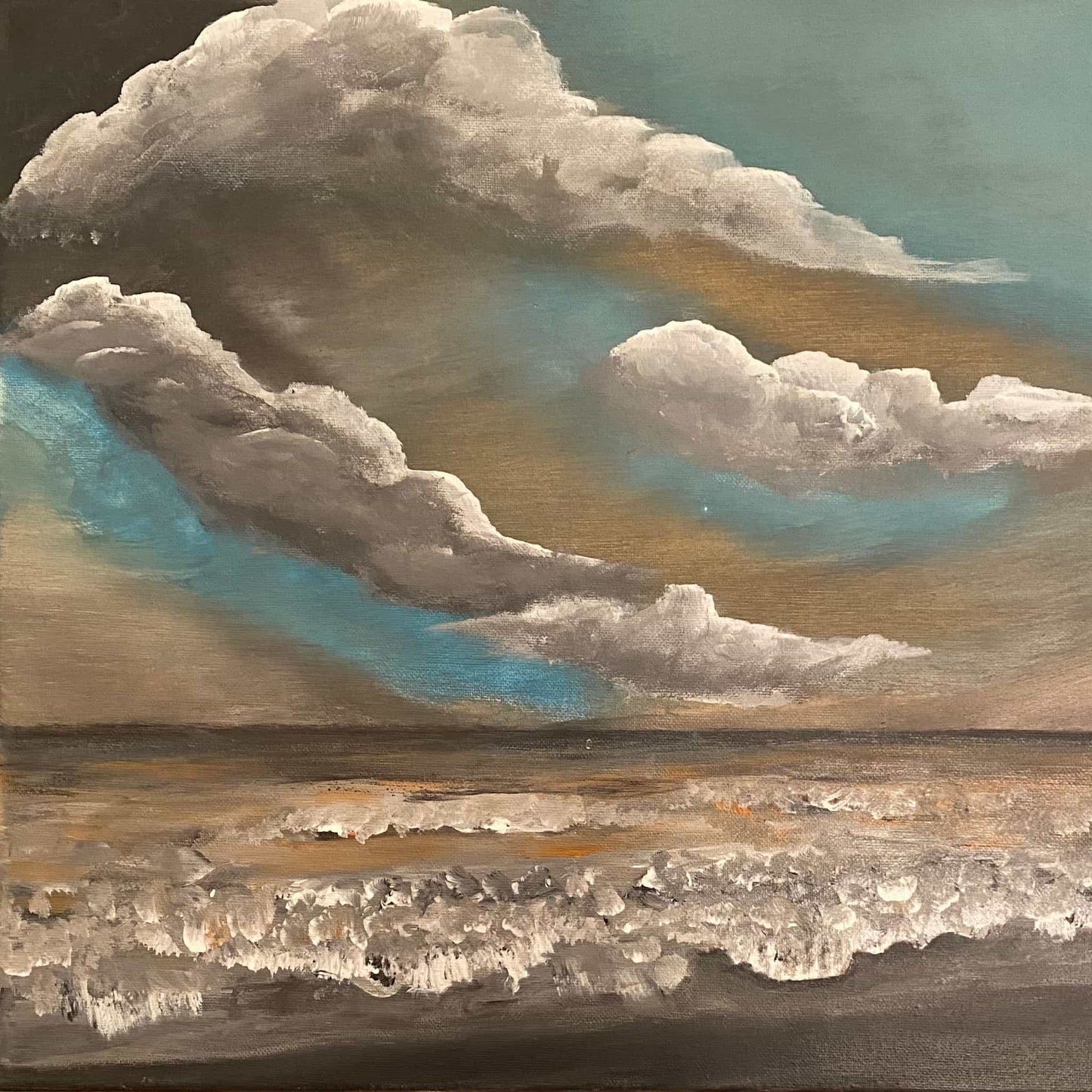 Original hand painted acrylic oil abstract mixed media art painting signed by artist with certificate of authenticity clouds seascape beach waves ocean seashore