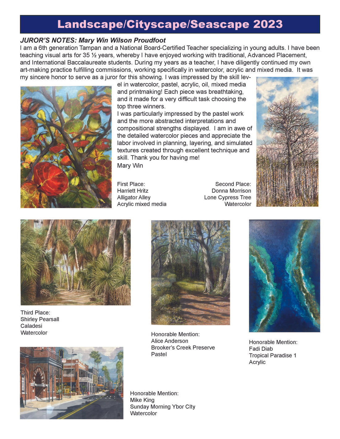 Honorable mention for Fadi Diab "Tropical Paradise" painting at the Tampa Regional Artists' exhibition