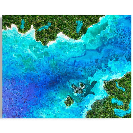 Acrylic mixed media painting on canvas abstract contemporary gallery fine art for sale textured tropical ocean islands seascape turquoise water seashore turquoise fadidiab.art 