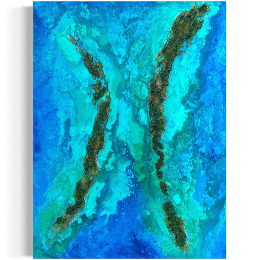 Acrylic mixed media painting on canvas abstract contemporary gallery fine art for sale textured tropical ocean islands seascape turquoise water seashore turquoise