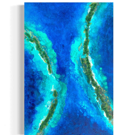 Acrylic mixed media painting on canvas abstract contemporary gallery fine art for sale textured tropical ocean islands seascape turquoise water seashore turquoise