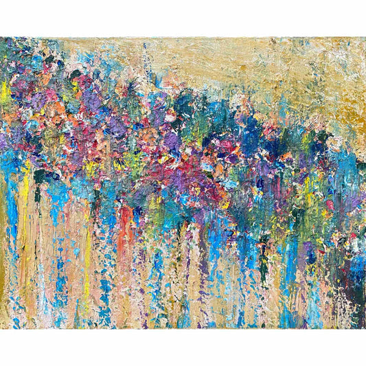 Textured crackled mixed media acrylic oil painting on canvas 3d impasto using brush palette knife and squeegee landscape floral